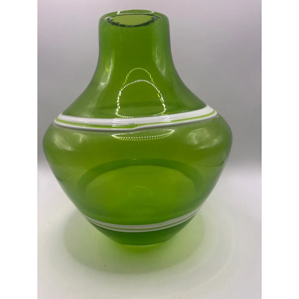 Mid Century Modern Green Art Glass Vase with White Stripes Hand Blown Decor